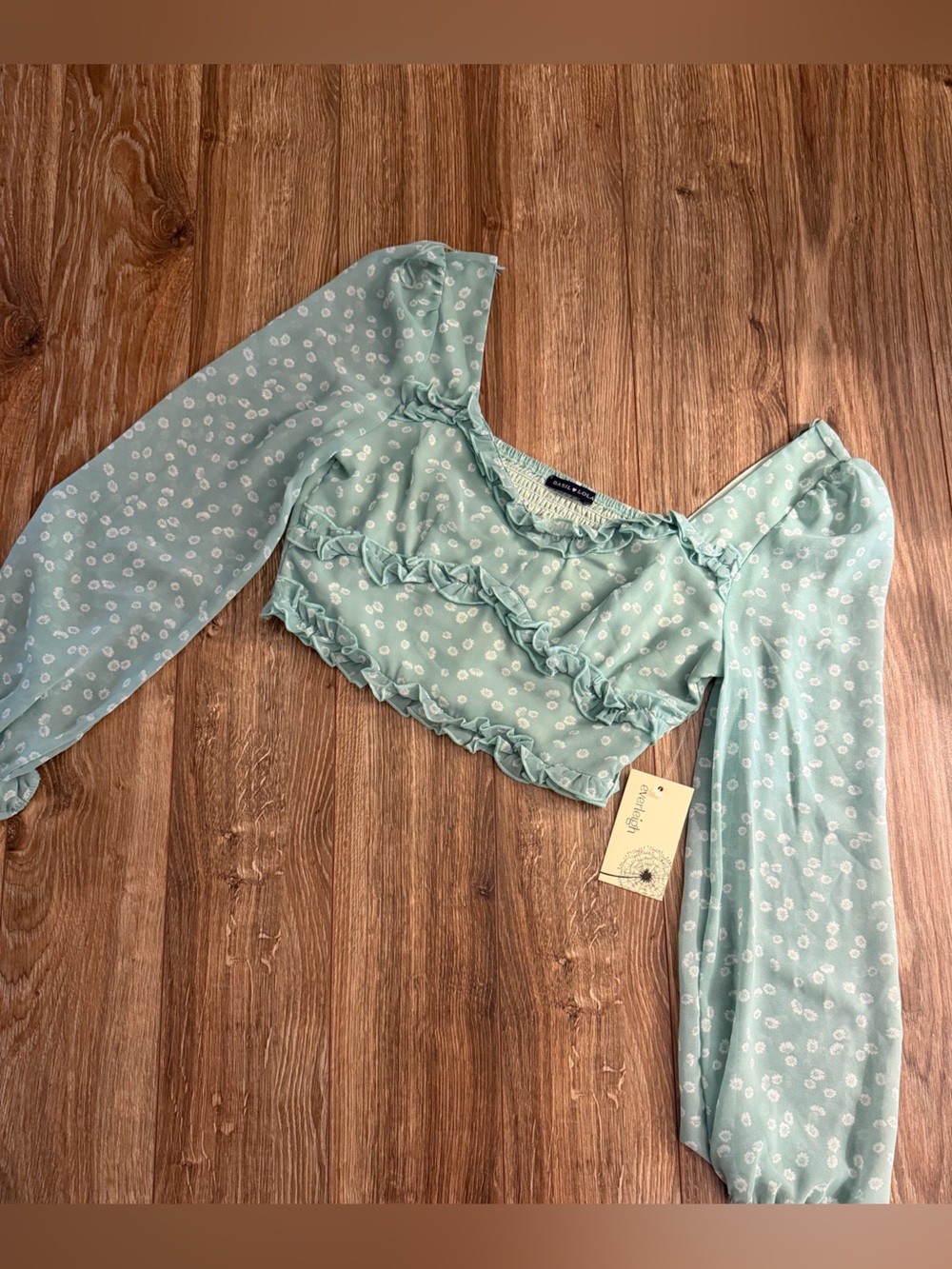 Light Mint Floral Ruffle Crop Blouse - Women